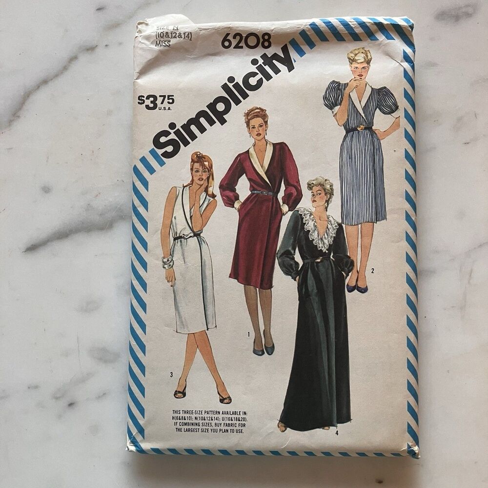 Simplicity Pattern 6208 V Neck‎ Wrap Dress Pockets Collar Women's Size 10-12-14
